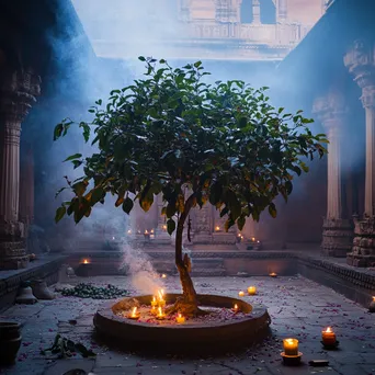 Sacred fig tree surrounded by candles in temple courtyard - Image 3