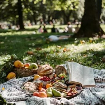 Aerial view of a picnic spread with fruits, sandwiches, and a book in a park - Image 1