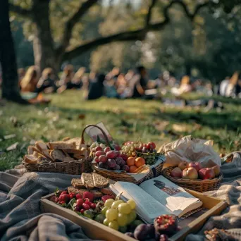 Aerial view of a picnic spread with fruits, sandwiches, and a book in a park - Image 3