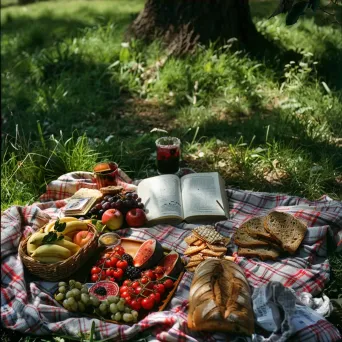 Aerial view of a picnic spread with fruits, sandwiches, and a book in a park - Image 4