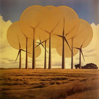 Row of wind turbines creating circles and lines in a field against the sky - Image 1