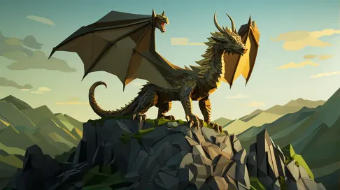 Low poly dragon in greens and golds atop a mountaintop - Image 1