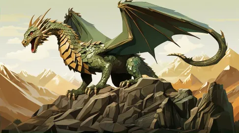 Low poly dragon in greens and golds atop a mountaintop - Image 2