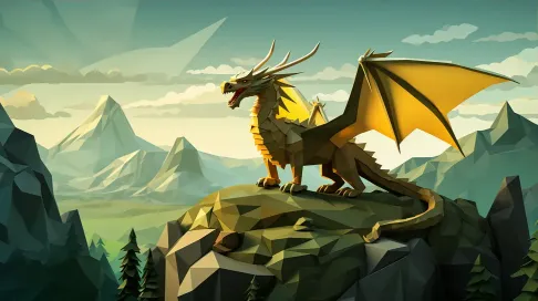 Low poly dragon in greens and golds atop a mountaintop - Image 3