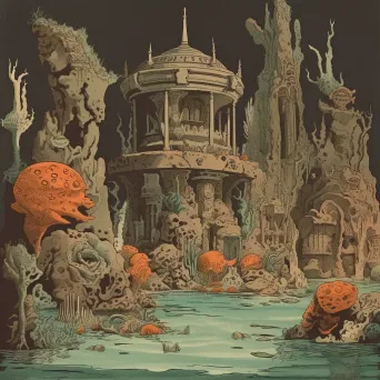 Underwater temple covered in coral with marine creatures around - Image 1