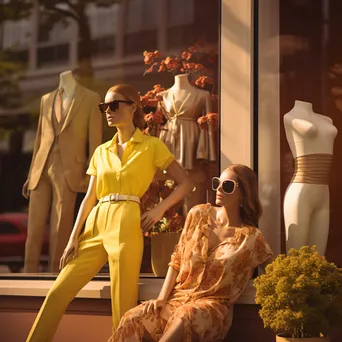 Storefront of a fashion boutique with a colorful window display at golden hour. - Image 1