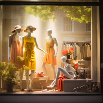 Storefront of a fashion boutique with a colorful window display at golden hour. - Image 3