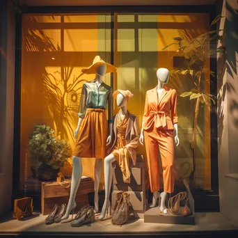 Storefront of a fashion boutique with a colorful window display at golden hour. - Image 4