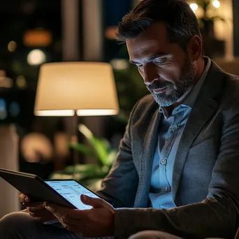 A man reviewing online product listings on a tablet in a stylish office. - Image 1