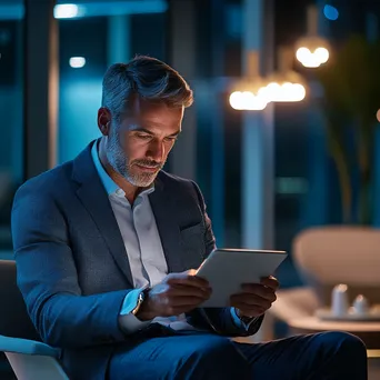 A man reviewing online product listings on a tablet in a stylish office. - Image 4