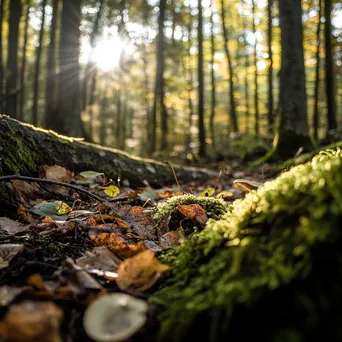 Close-up of forest floor with mossy logs and tiny mushrooms under dappled light. - Image 1