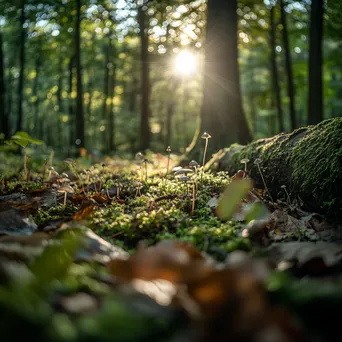 Close-up of forest floor with mossy logs and tiny mushrooms under dappled light. - Image 3