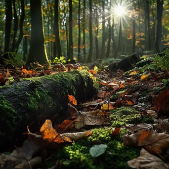 Close-up of forest floor with mossy logs and tiny mushrooms under dappled light. - Image 4