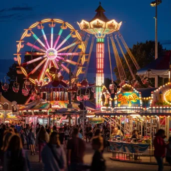 Colorful carnival at night with illuminated rides - Image 1