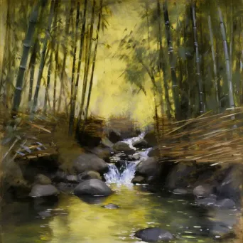 Image of a dense bamboo forest with a clear stream babbling over pebbles - Image 3