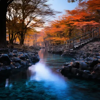 Thermal spring surrounded by colorful autumn foliage reflecting in the water. - Image 1