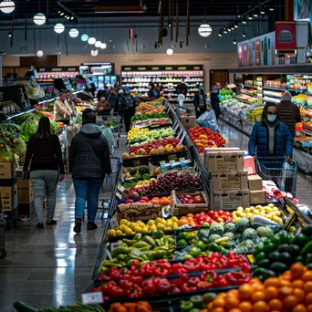 Shoppers in a colorful supermarket aisle with fresh produce and carts. - Image 1