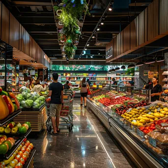 Shoppers in a colorful supermarket aisle with fresh produce and carts. - Image 3