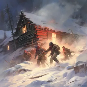 Image of mountaineers in a blizzard with a distant warm cabin - Image 1