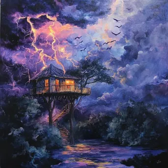 Acrylic painting of a bold thunderstorm seen from the safety of a treehouse - Image 1