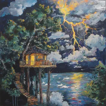 Acrylic painting of a bold thunderstorm seen from the safety of a treehouse - Image 3