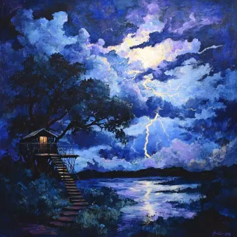 Acrylic painting of a bold thunderstorm seen from the safety of a treehouse - Image 4