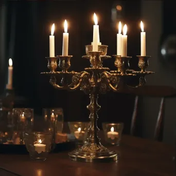 Antique brass candelabra with lit candles - Image 3