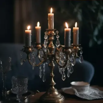 Antique brass candelabra with lit candles - Image 4