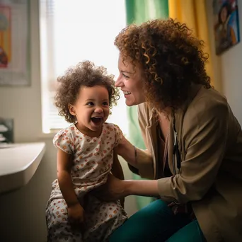 Pediatrician smiling at young patient in bright room - Image 3