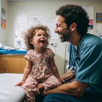 Pediatrician smiling at young patient in bright room - Image 4