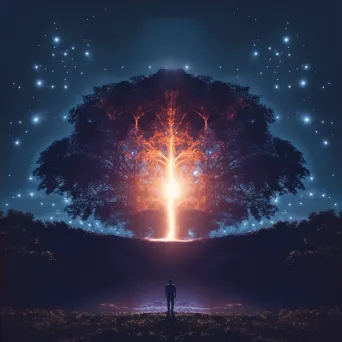 Character standing under a radiant, glowing tree symbolizing the moment of enlightenment - Image 4