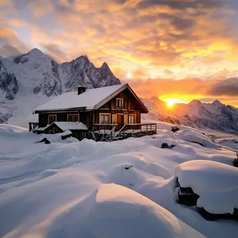 Wooden cabin in snowy landscape with glaciers during sunset - Image 2