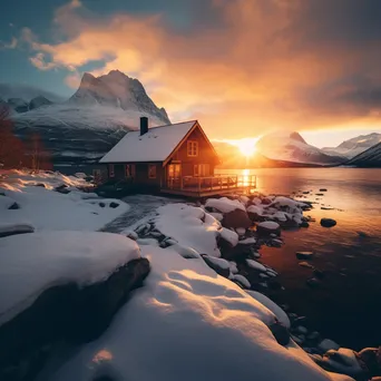 Wooden cabin in snowy landscape with glaciers during sunset - Image 4