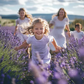 Family playing in a field of lavender flowers. - Image 1