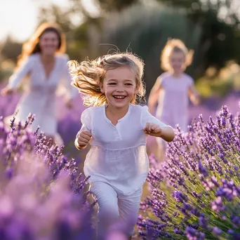 Family playing in a field of lavender flowers. - Image 4