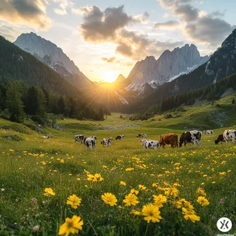 Cattle grazing in an alpine meadow surrounded by vibrant flowers and mountains at sunset. - Image 1