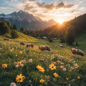 Cattle grazing in an alpine meadow surrounded by vibrant flowers and mountains at sunset. - Image 2