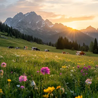 Cattle grazing in an alpine meadow surrounded by vibrant flowers and mountains at sunset. - Image 3