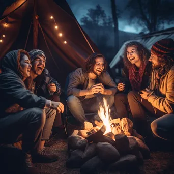 Diverse friends laughing around a campfire under stars - Image 1