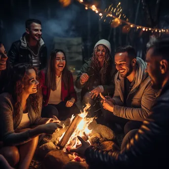 Diverse friends laughing around a campfire under stars - Image 4