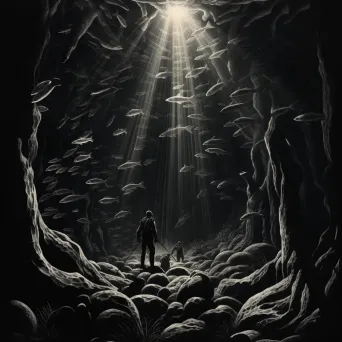 Deep-sea diver encountering luminous fish in underwater cavern - Image 2