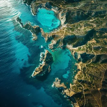 Coastal cliffs and turquoise sea seen from airplane window in aerial shot - Image 3