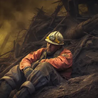 Exhausted firefighter resting after battling a large wildfire - Image 4