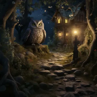 Enchanted cottage guarded by a wise old owl in a dark forest - Image 3