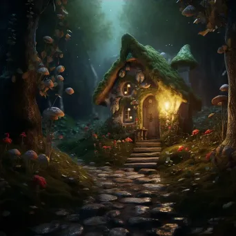 Enchanted cottage guarded by a wise old owl in a dark forest - Image 4