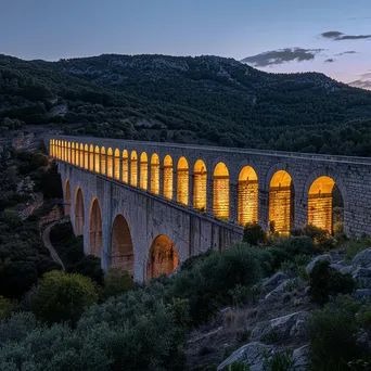 Ancient aqueduct stretching over a valley at dusk - Image 2