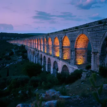 Ancient aqueduct stretching over a valley at dusk - Image 3