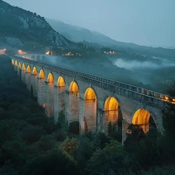 Ancient aqueduct stretching over a valley at dusk - Image 4