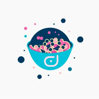 Logo for a cereal cafe with a stylized cereal bowl icon in pink and blue colors on a white polka dot background - Image 4