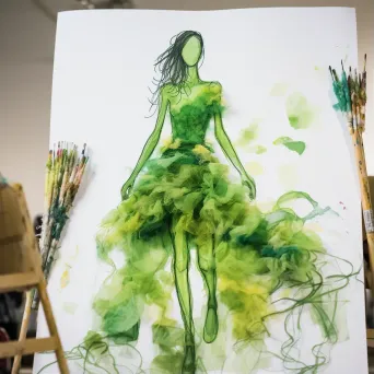 Watercolor painting of a sustainable lab creating plant-based fibers for fashion - Image 1